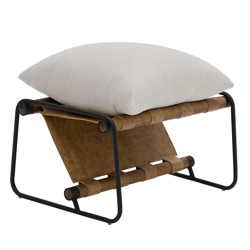 Kit Poltrona com Puff Turim Base Aço Preto Recouro Camel Linho Off White - Nexta Casa