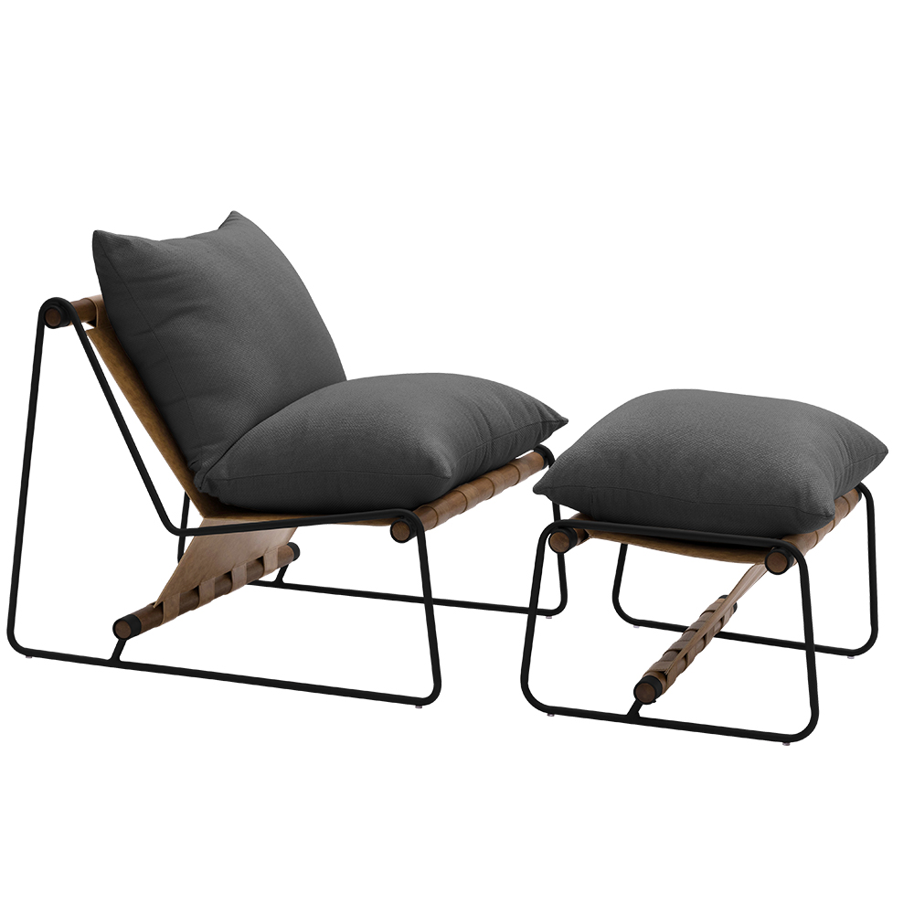 Kit Poltrona com Puff Turim Base Aço Preto Recouro Camel Poliéster Cinza - Nexta Casa
