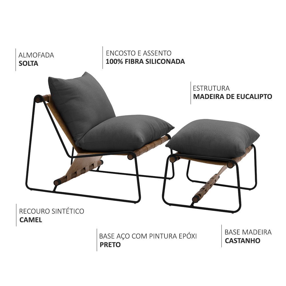 Kit Poltrona com Puff Turim Base Aço Preto Recouro Camel Poliéster Cinza - Nexta Casa