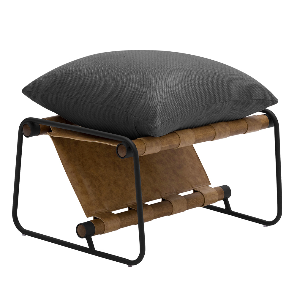Kit Poltrona com Puff Turim Base Aço Preto Recouro Camel Poliéster Cinza - Nexta Casa