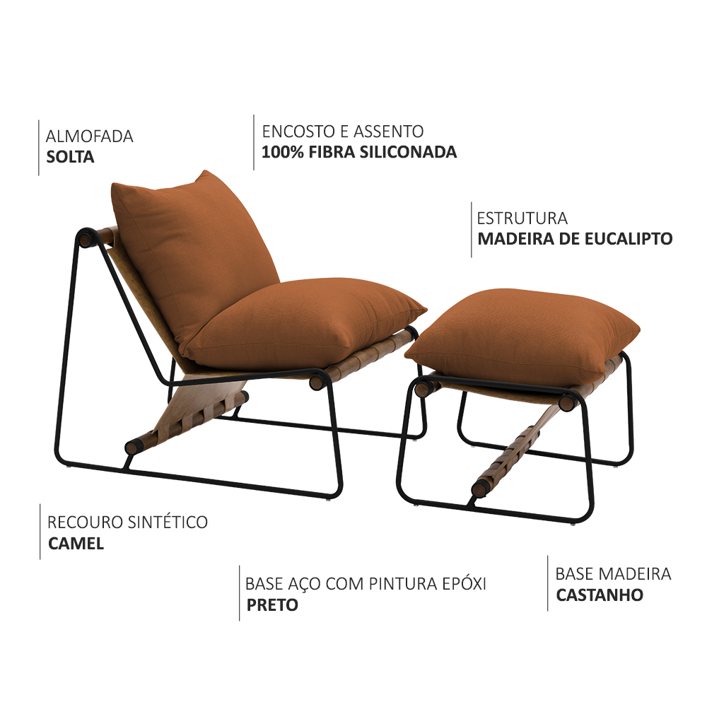 Kit Poltrona com Puff Turim Base Aço Preto Recouro Camel Poliéster Terracota - Nexta Casa