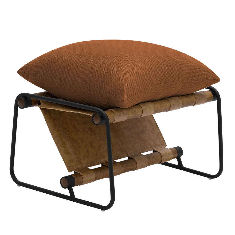 Kit Poltrona com Puff Turim Base Aço Preto Recouro Camel Poliéster Terracota - Nexta Casa