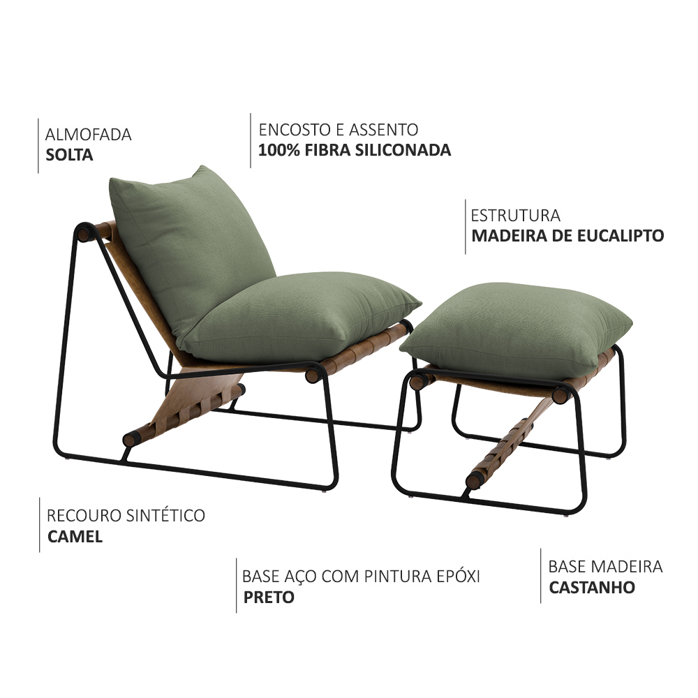 Kit Poltrona com Puff Turim Base Aço Preto Recouro Camel Poliéster Verde - Nexta Casa