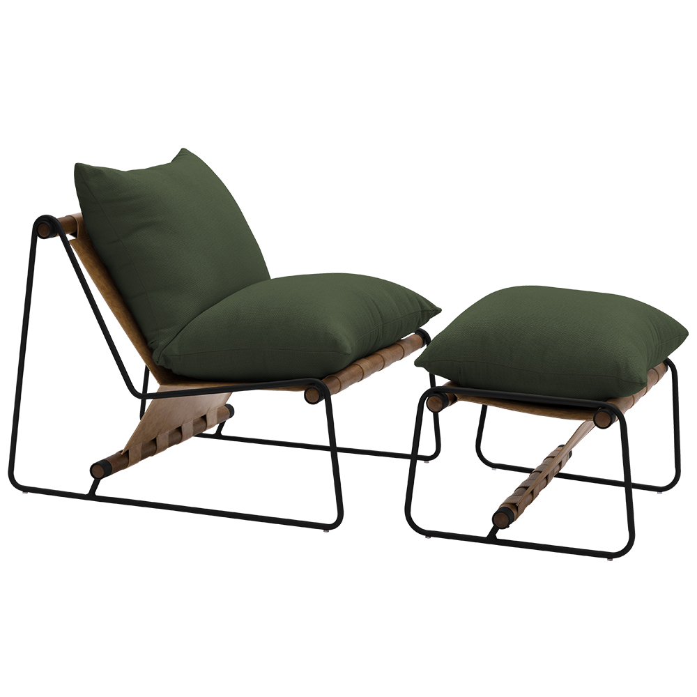 Kit Poltrona com Puff Turim Base Aço Preto Recouro Camel Poliéster Verde Musgo - Nexta Casa