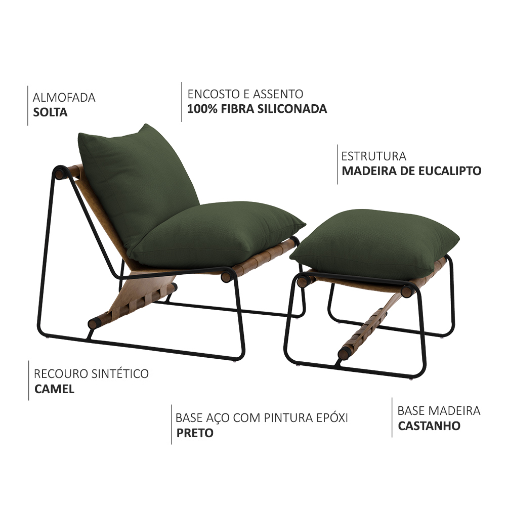 Kit Poltrona com Puff Turim Base Aço Preto Recouro Camel Poliéster Verde Musgo - Nexta Casa