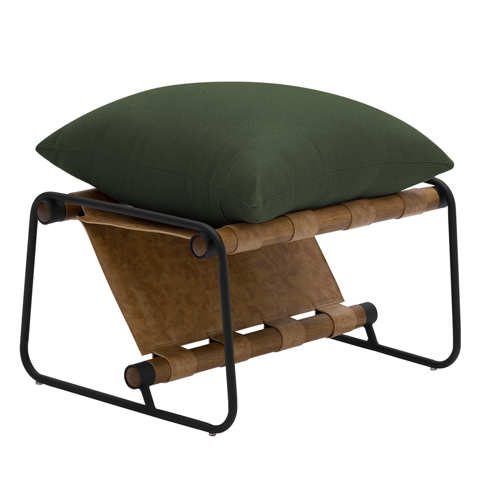 Kit Poltrona com Puff Turim Base Aço Preto Recouro Camel Poliéster Verde Musgo - Nexta Casa