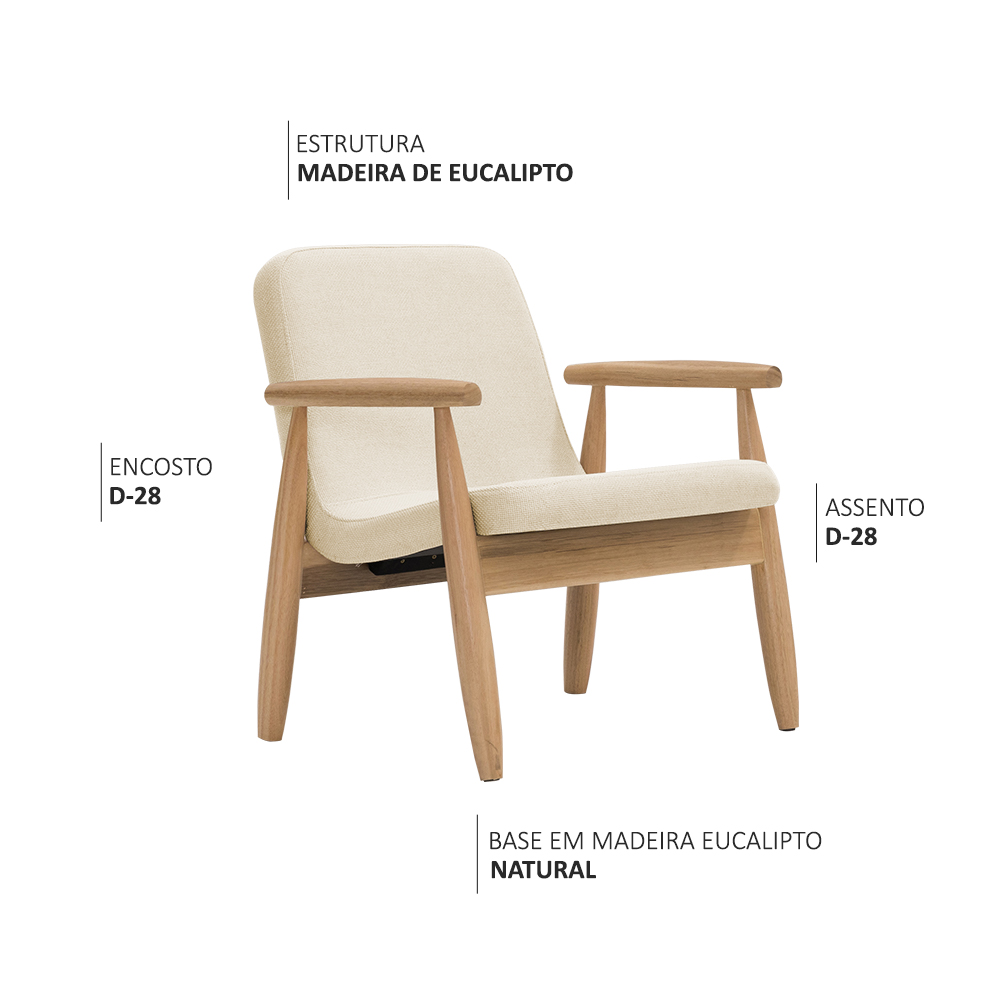 Poltrona Decorativa Antonela Base Madeira Natural Linho Bege Claro - Nexta Casa