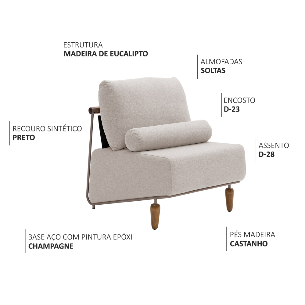 Poltrona Decorativa Aurea Base Aço Champagne Linho Bege - Nexta Casa
