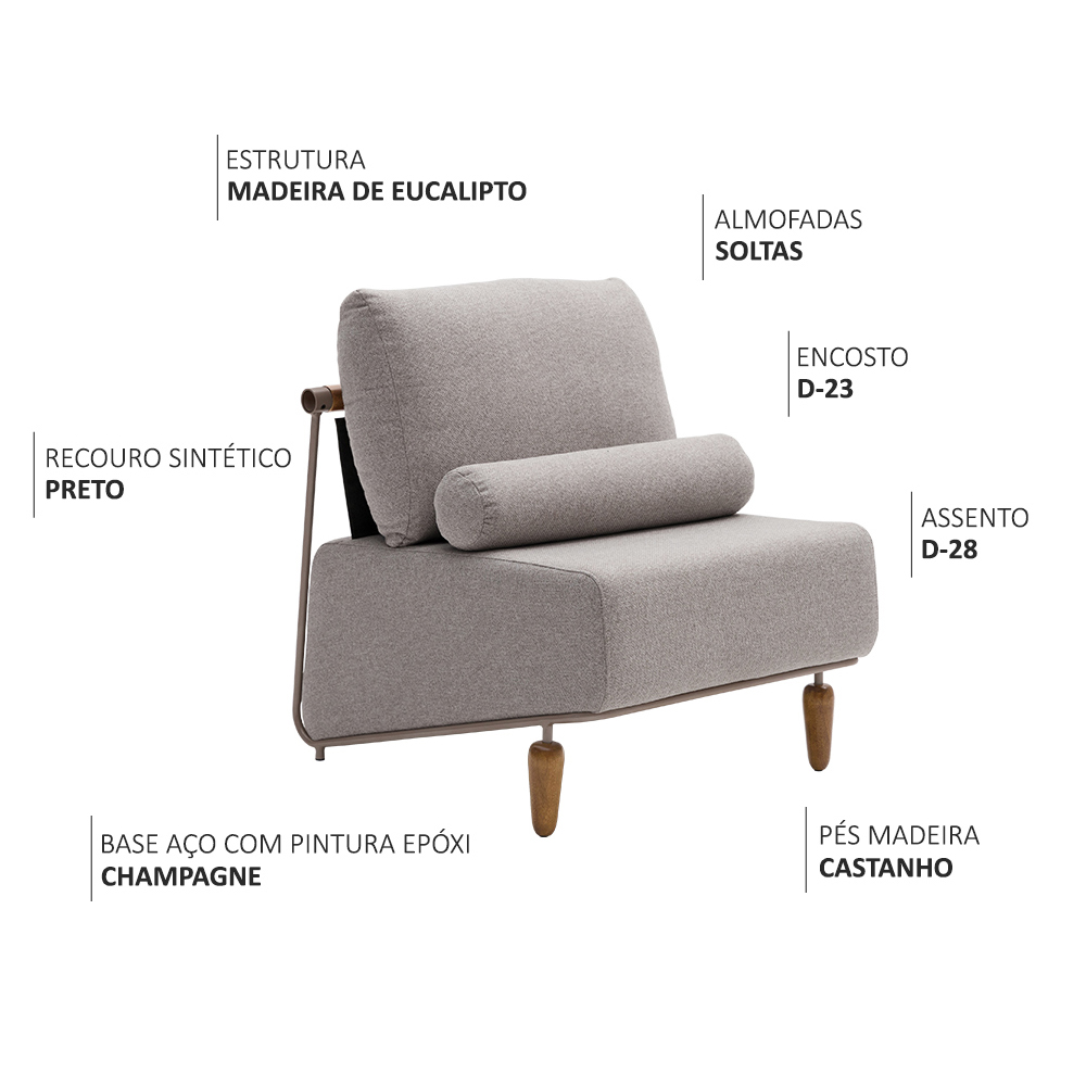 Poltrona Decorativa Aurea Base Aço Champagne Linho Cinza Mesclado - Nexta Casa
