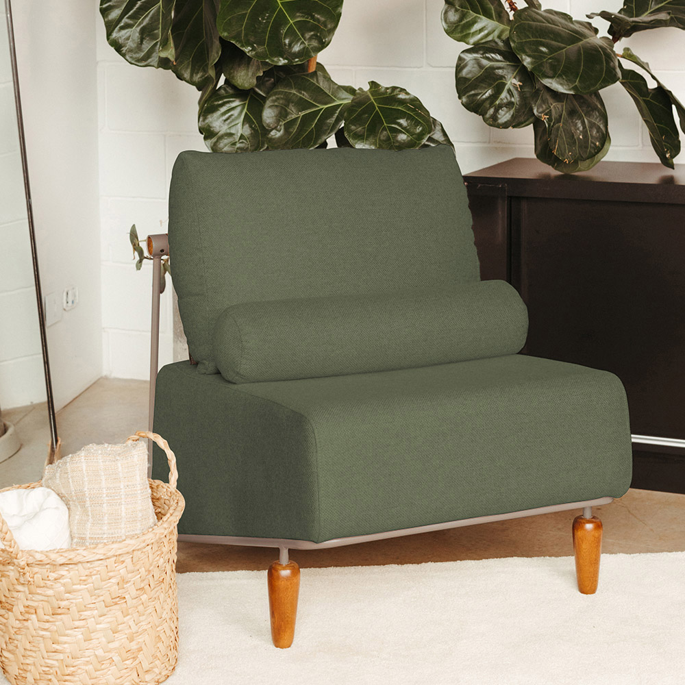 Poltrona Decorativa Aurea Base Aço Champagne Linho Verde - Nexta Casa