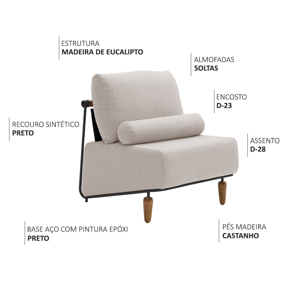 Poltrona Decorativa Aurea Base Aço Preto Linho Bege - Nexta Casa