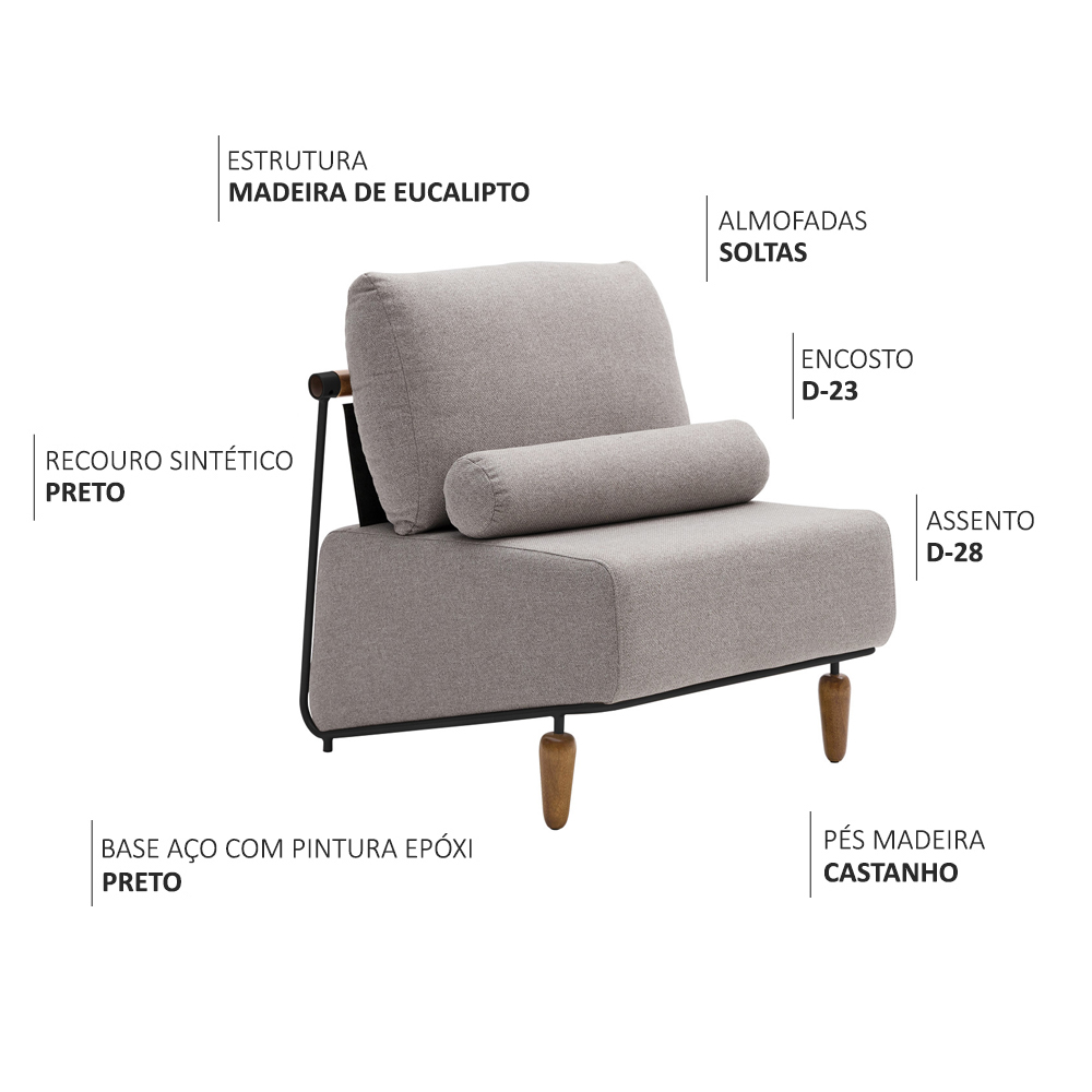 Poltrona Decorativa Aurea Base Aço Preto Linho Cinza Mesclado - Nexta Casa