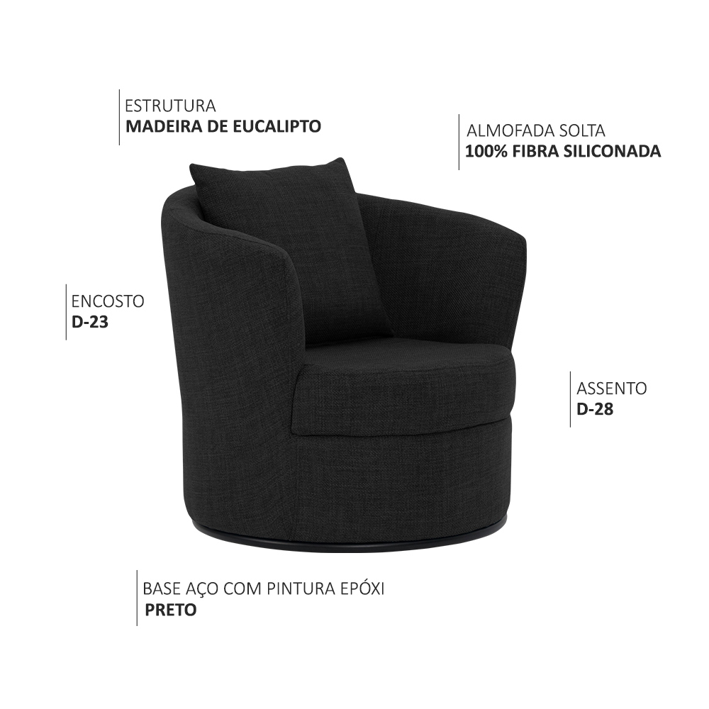 Poltrona Decorativa Base Aço Fixa Preto Lume Linho Preto Mesclado - Nexta Casa