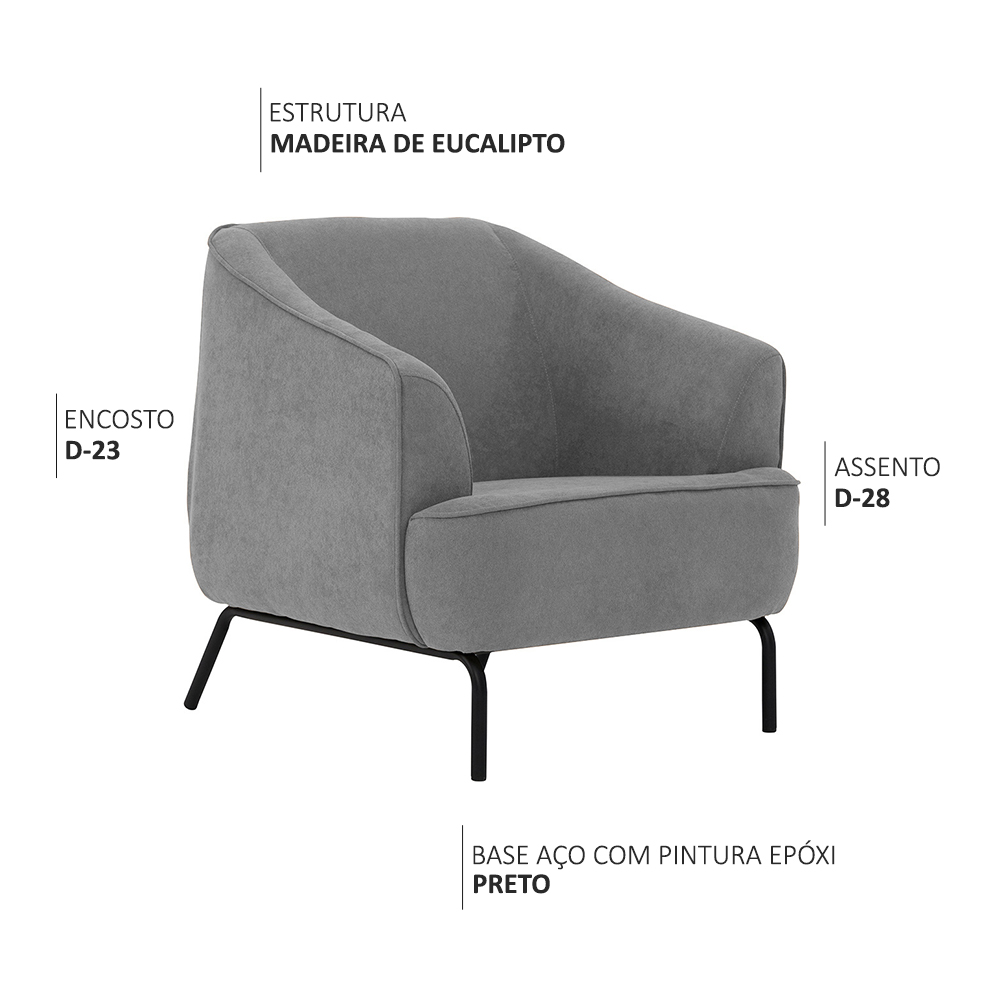 Poltrona Decorativa Base Aço Preto Germany Bouclé Cinza Claro - Nexta Casa