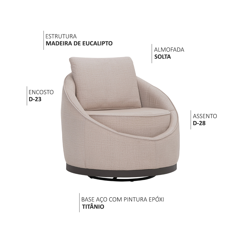 Poltrona Decorativa Base Titânio Giratória Pietra Velusoft Bege - Nexta Casa
