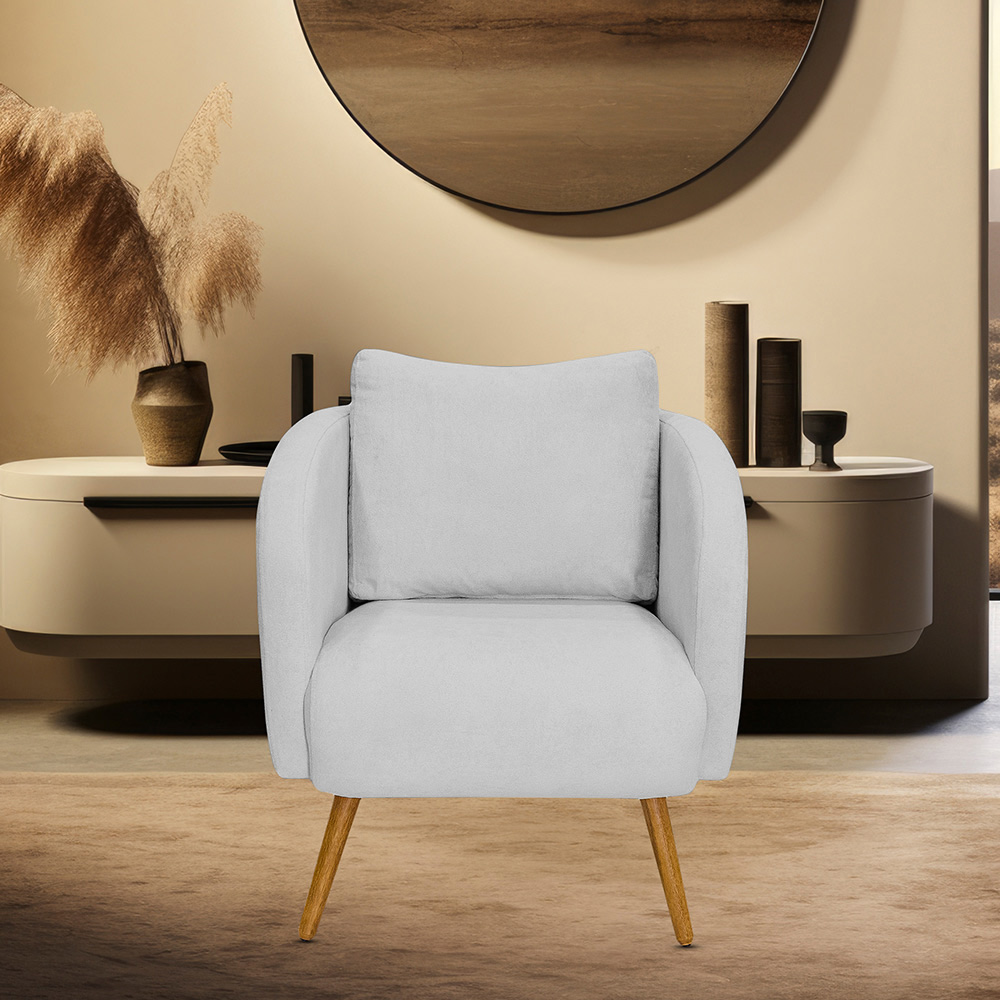Poltrona Decorativa Dana Pés Palito Madeira Castanho Bouclé Cinza Claro - Nexta Casa