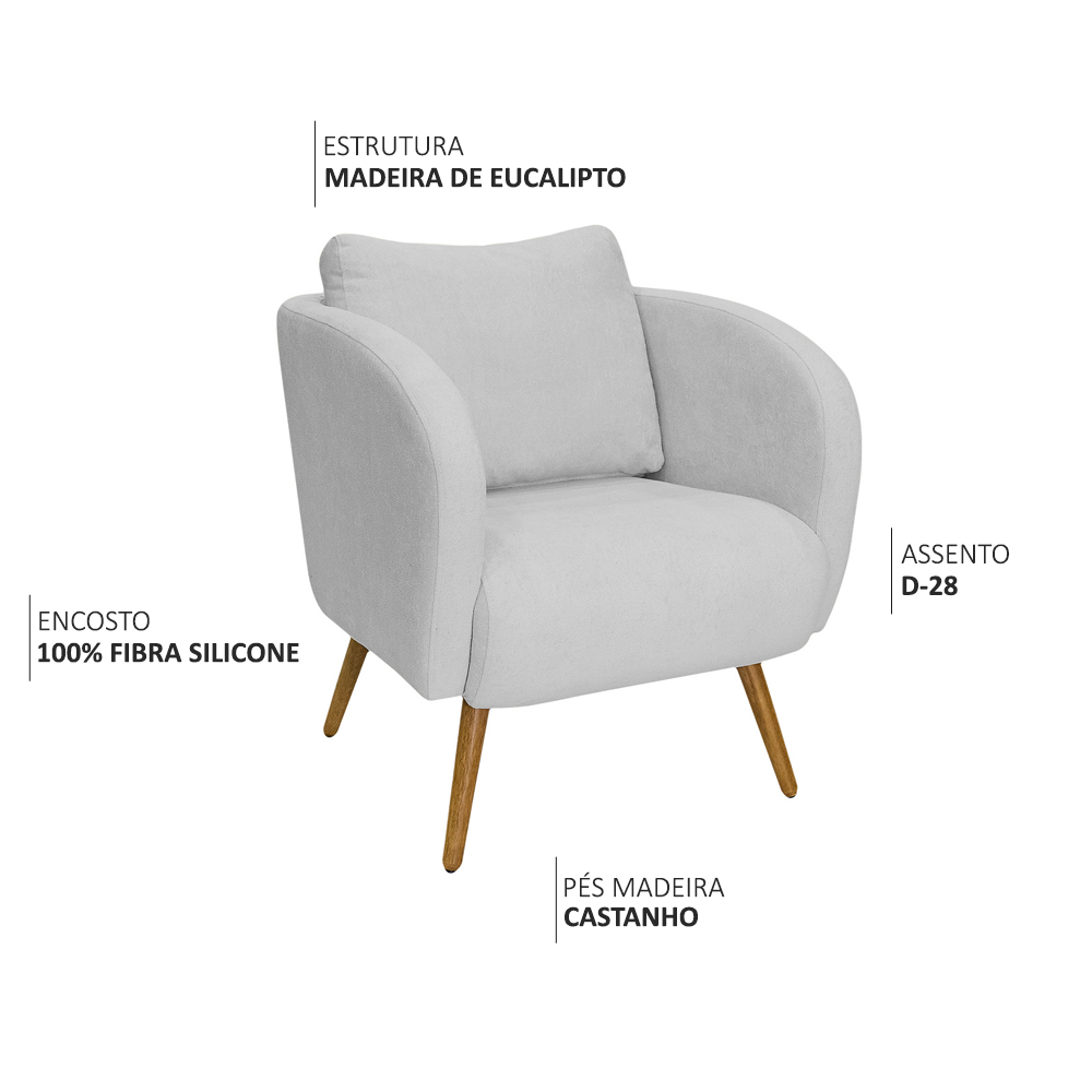 Poltrona Decorativa Dana Pés Palito Madeira Castanho Bouclé Cinza Claro - Nexta Casa