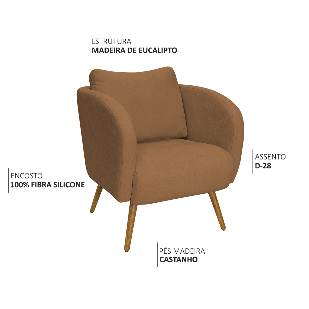 Poltrona Decorativa Dana Pés Palito Madeira Castanho Bouclé Terracota - Nexta Casa