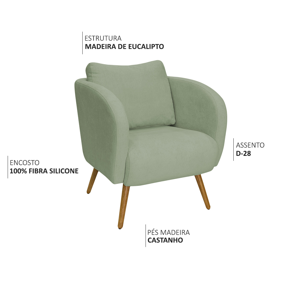 Poltrona Decorativa Dana Pés Palito Madeira Castanho Bouclé Verde Claro - Nexta Casa