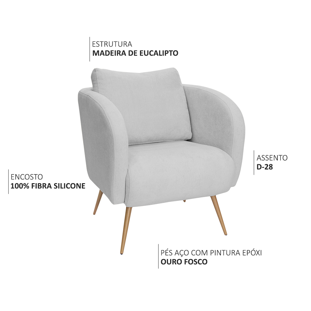 Poltrona Decorativa Dana Pés Palito Ouro Fosco Bouclé Cinza Claro - Nexta Casa