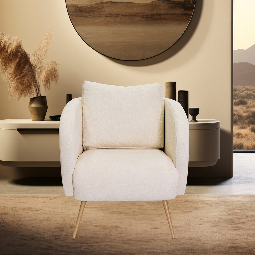 Poltrona Decorativa Dana Pés Palito Ouro Fosco Bouclé Off White - Nexta Casa