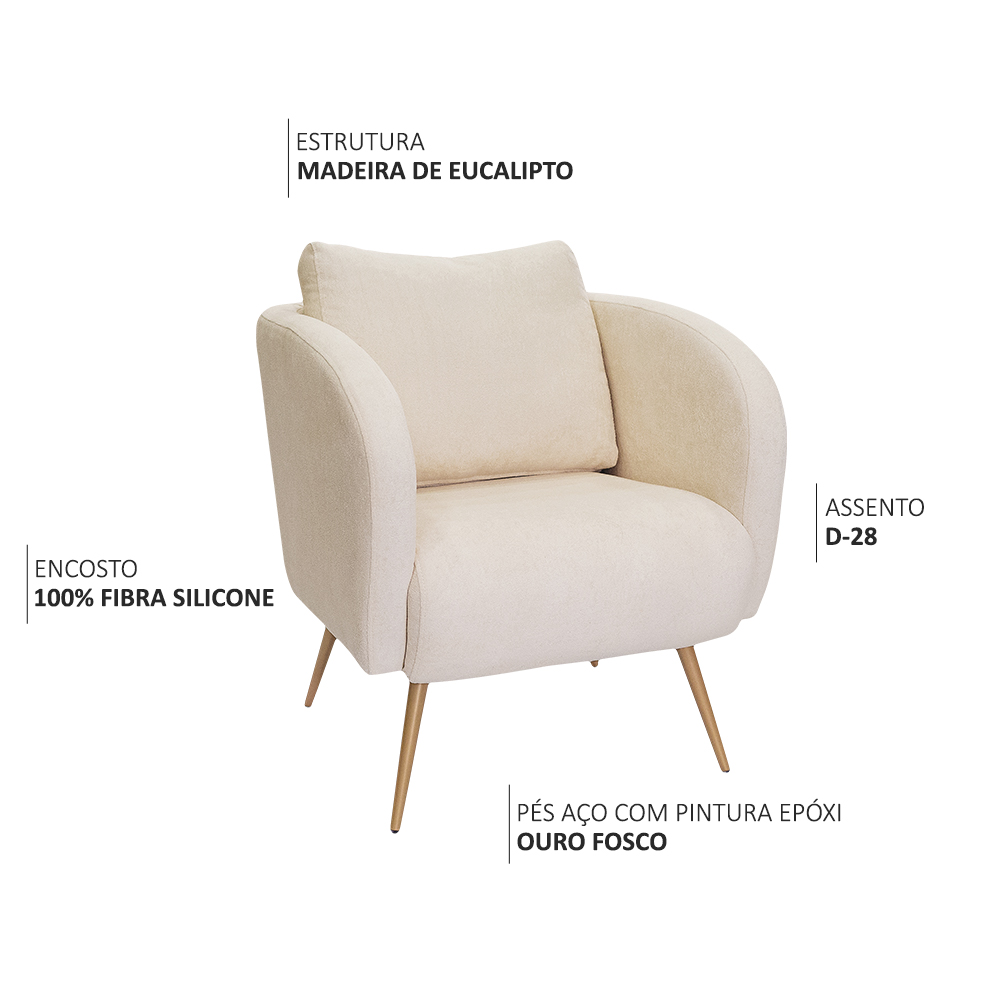 Poltrona Decorativa Dana Pés Palito Ouro Fosco Bouclé Off White - Nexta Casa