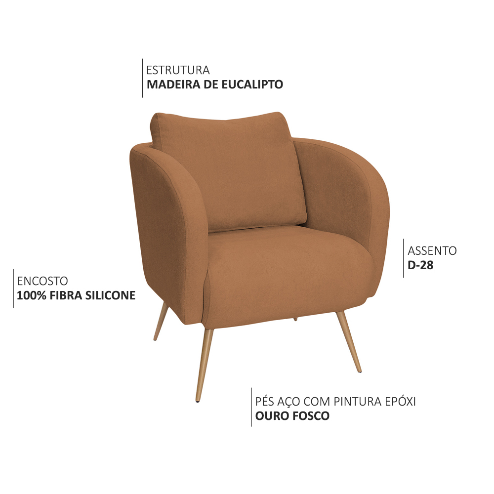 Poltrona Decorativa Dana Pés Palito Ouro Fosco Bouclé Terracota - Nexta Casa