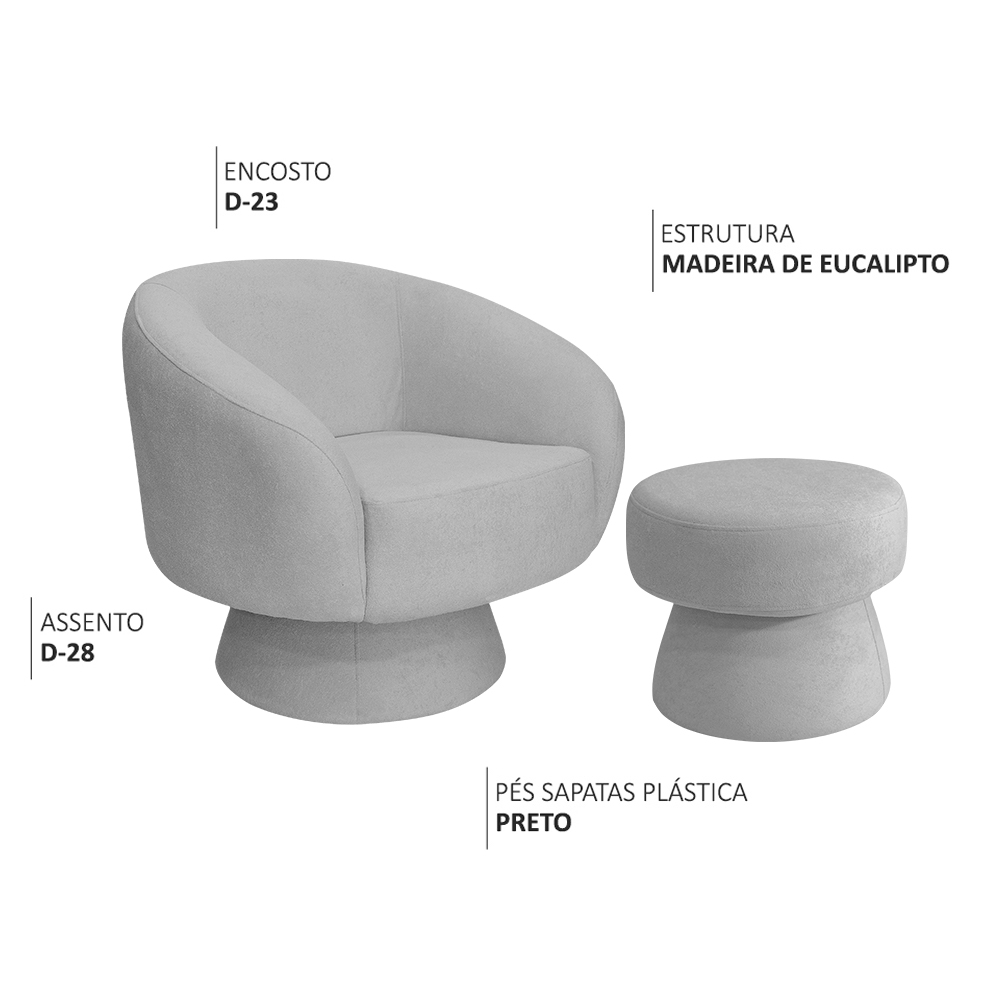 Poltrona Decorativa Fixa com Puff Liz Bouclé Cinza Claro - Nexta Casa