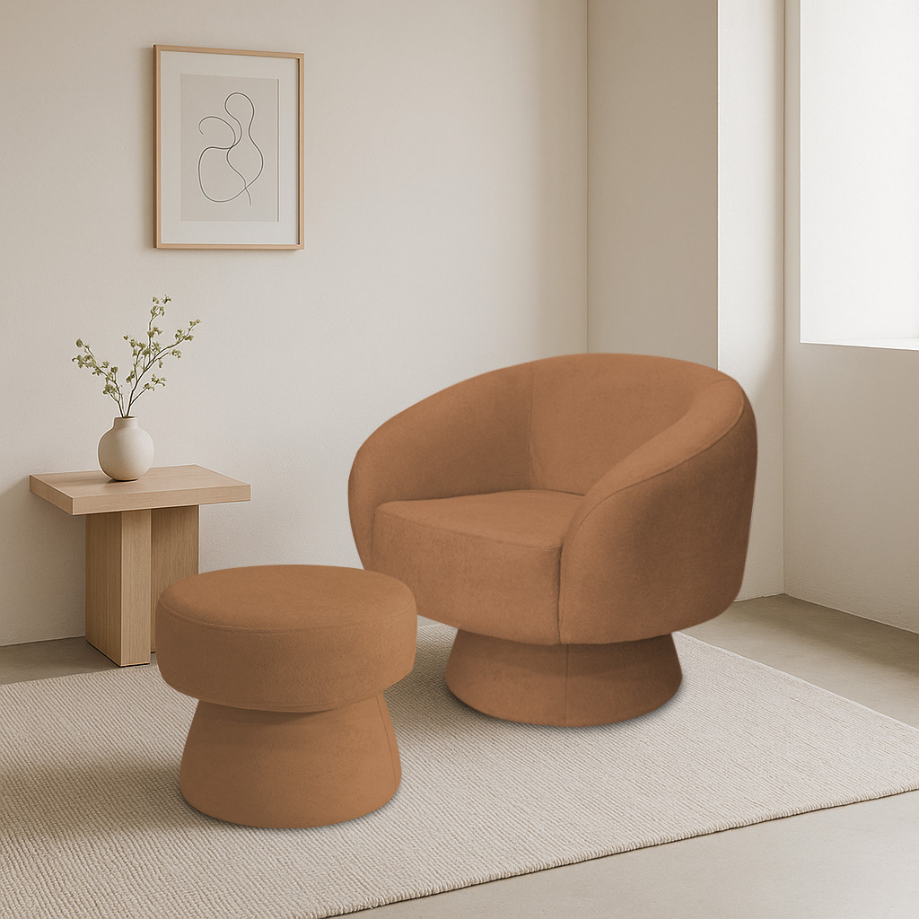 Poltrona Decorativa Fixa com Puff Liz Bouclé Terracota - Nexta Casa