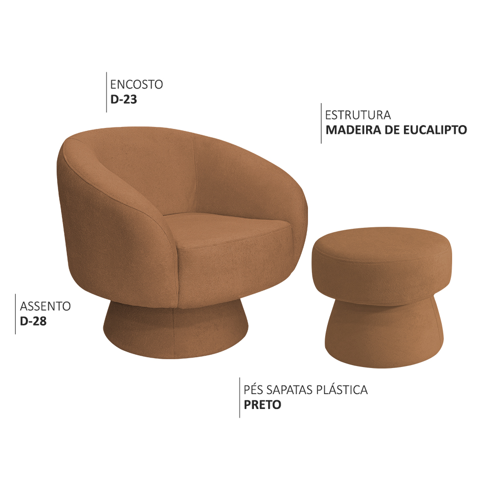 Poltrona Decorativa Fixa com Puff Liz Bouclé Terracota - Nexta Casa