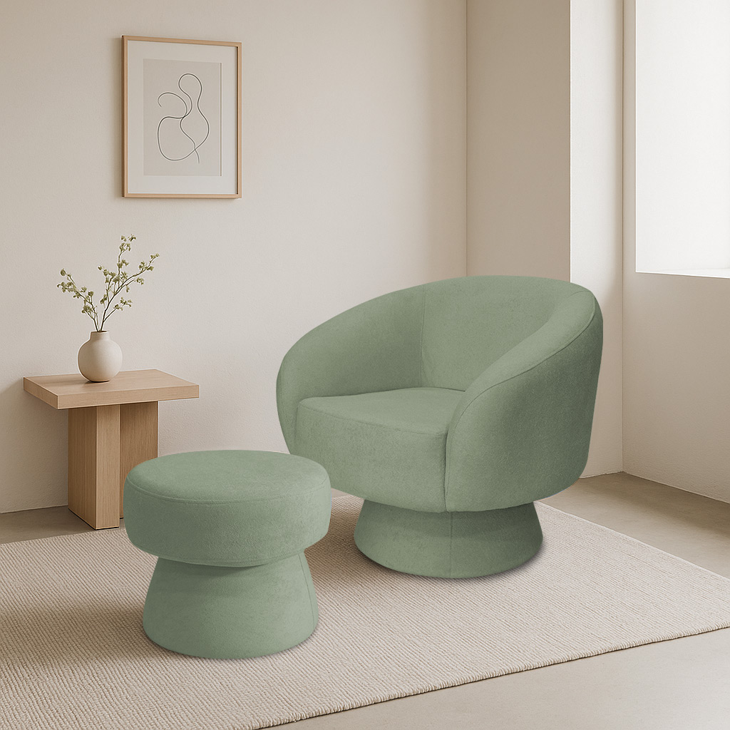 Poltrona Decorativa Fixa com Puff Liz Bouclé Verde Claro - Nexta Casa