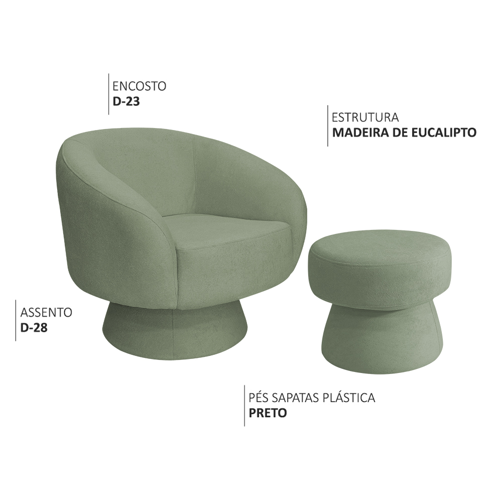 Poltrona Decorativa Fixa com Puff Liz Bouclé Verde Claro - Nexta Casa