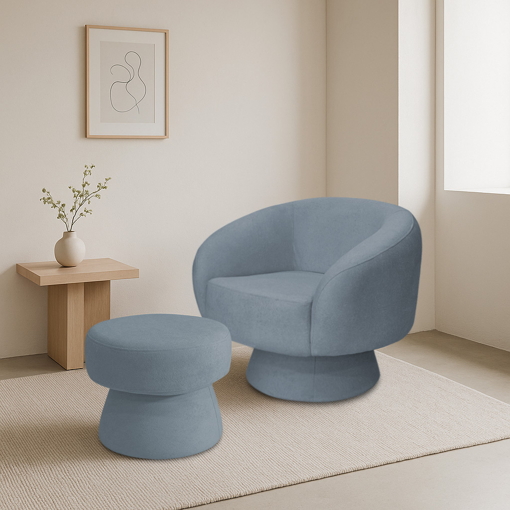 Poltrona Decorativa Giratória com Puff Liz Bouclé Azul Claro - Nexta Casa