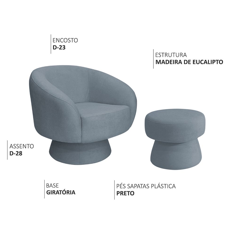 Poltrona Decorativa Giratória com Puff Liz Bouclé Azul Claro - Nexta Casa