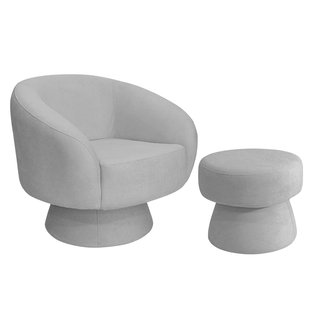 Poltrona Decorativa Giratória com Puff Liz Bouclé Cinza Claro - Nexta Casa