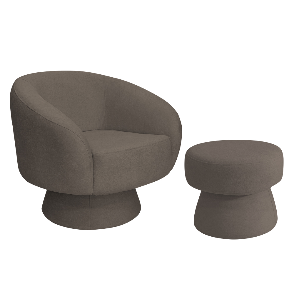 Poltrona Decorativa Giratória com Puff Liz Bouclé Marrom - Nexta Casa