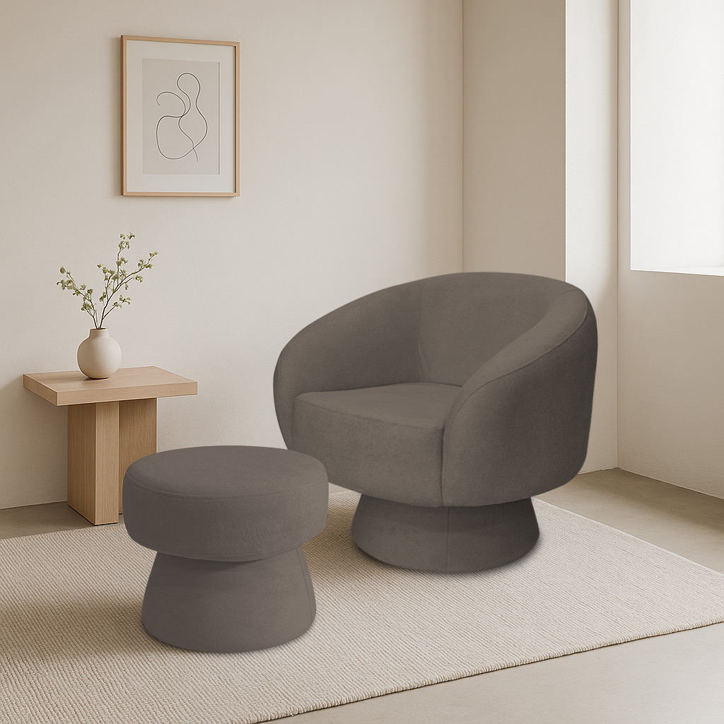 Poltrona Decorativa Giratória com Puff Liz Bouclé Marrom - Nexta Casa