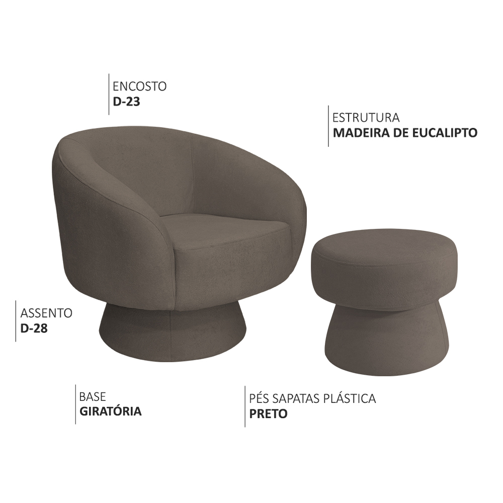 Poltrona Decorativa Giratória com Puff Liz Bouclé Marrom - Nexta Casa