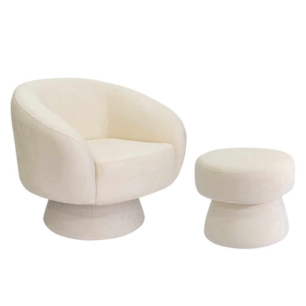 Poltrona Decorativa Giratória com Puff Liz Bouclé Off White - Nexta Casa