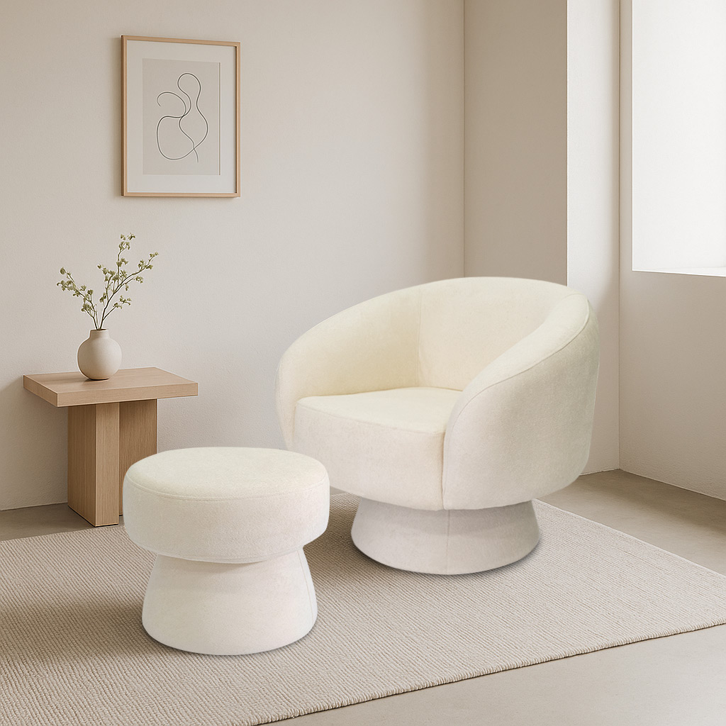 Poltrona Decorativa Giratória com Puff Liz Bouclé Off White - Nexta Casa