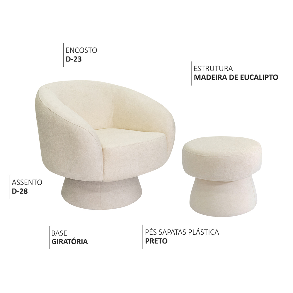 Poltrona Decorativa Giratória com Puff Liz Bouclé Off White - Nexta Casa