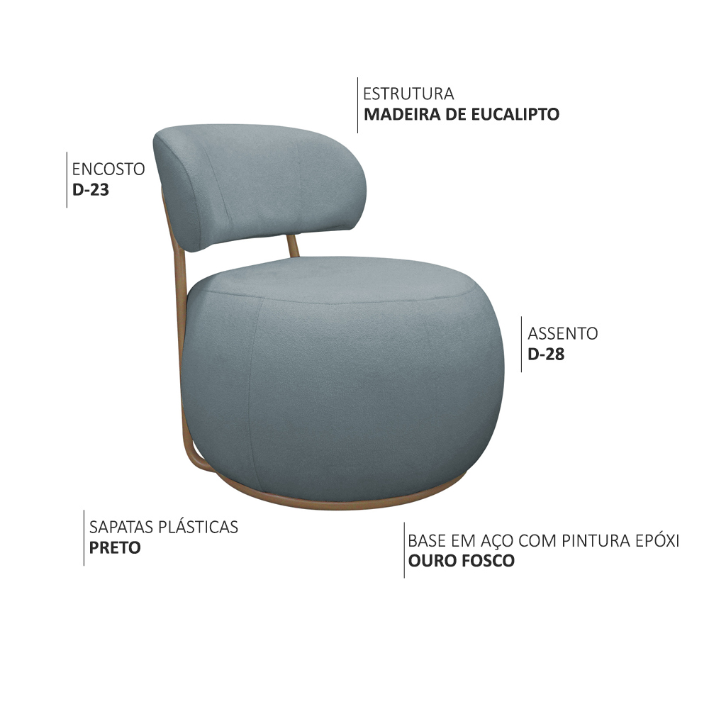 Poltrona Decorativa Greta Base Fixa Ouro Fosco Bouclé Azul Claro - Nexta Casa