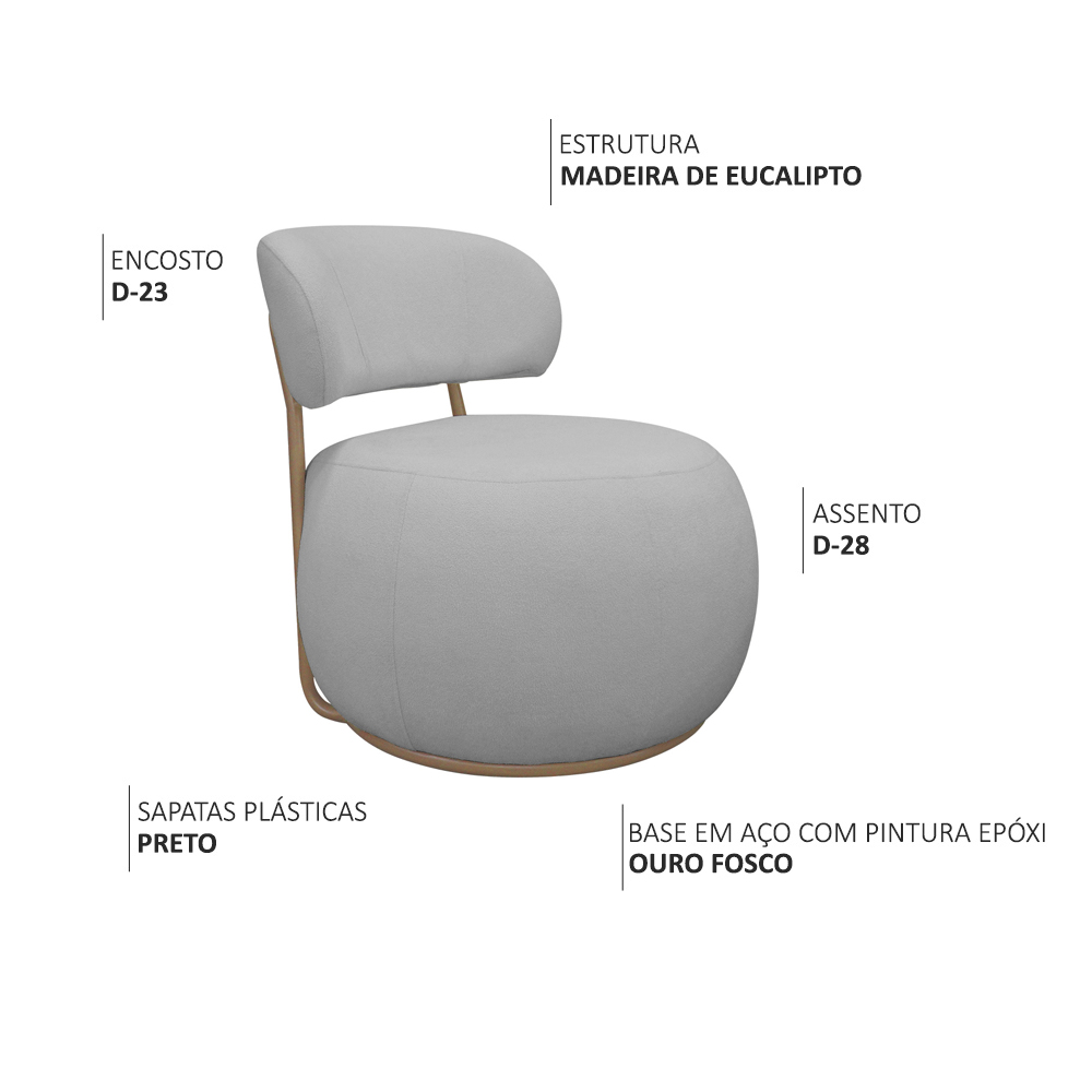 Poltrona Decorativa Greta Base Fixa Ouro Fosco Bouclé Cinza Claro - Nexta Casa