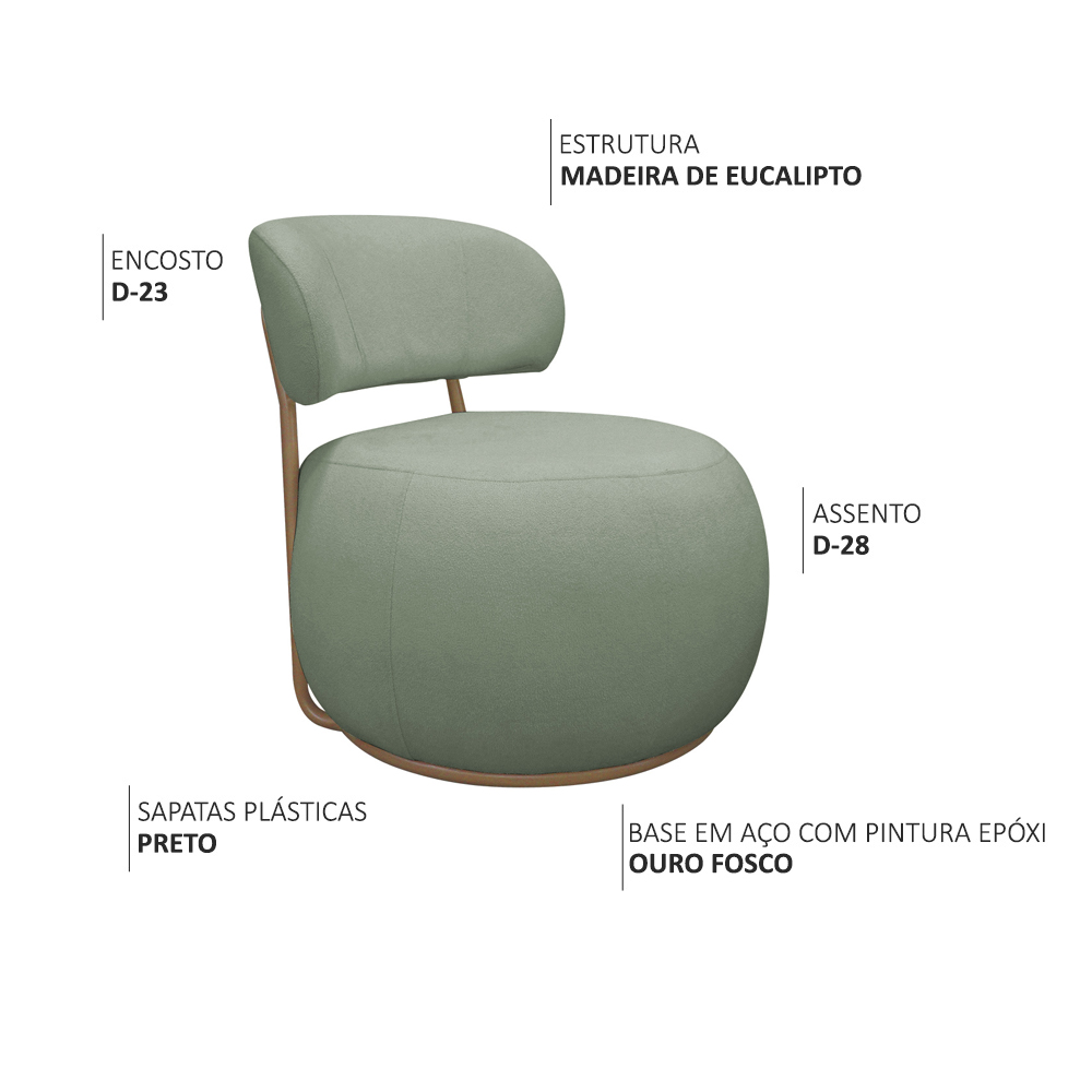 Poltrona Decorativa Greta Base Fixa Ouro Fosco Bouclé Verde Claro - Nexta Casa