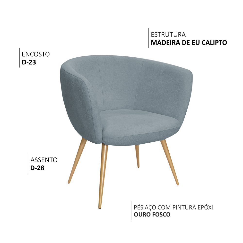Poltrona Decorativa Isis Pés Palito Ouro Fosco Bouclé Azul Claro - Nexta Casa