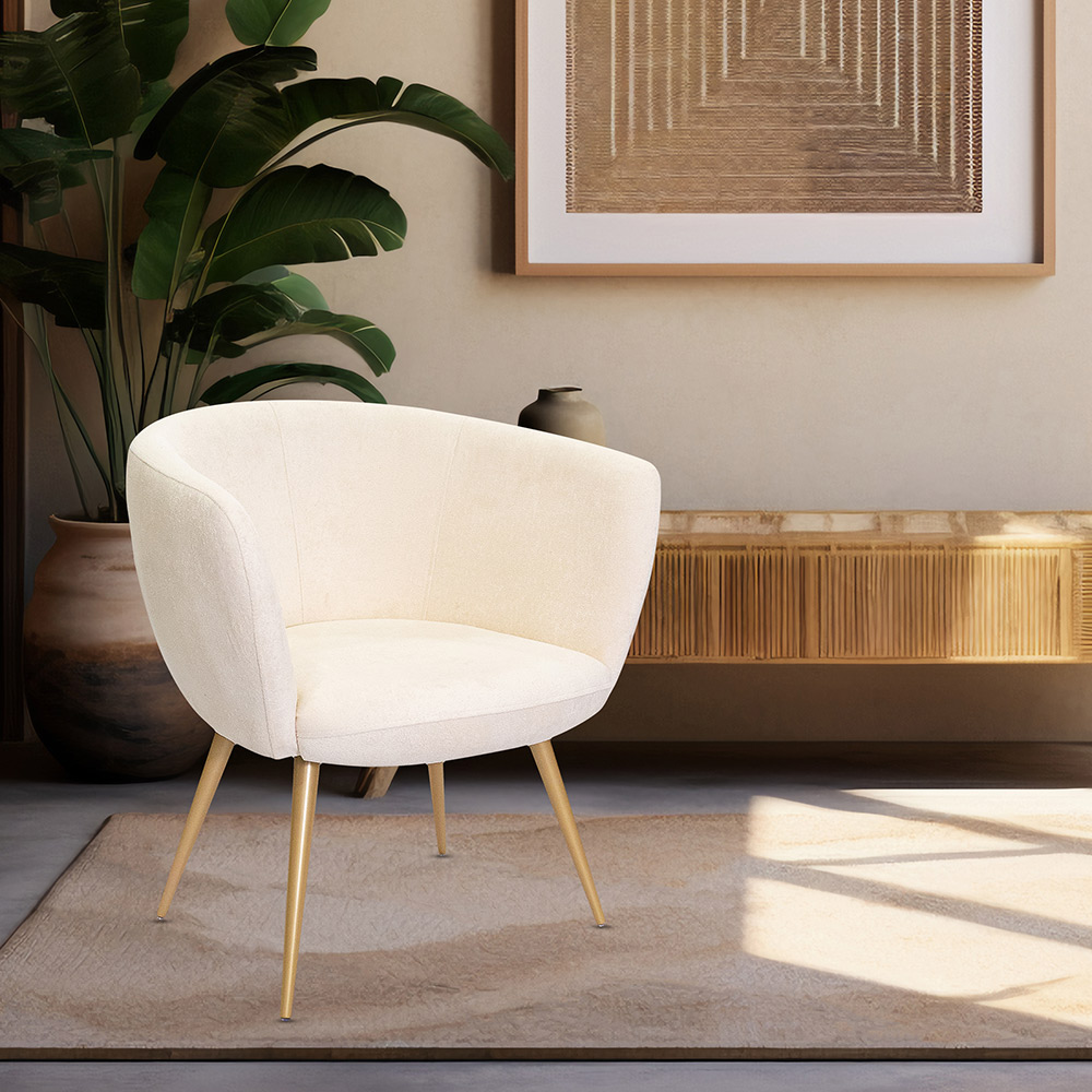 Poltrona Decorativa Isis Pés Palito Ouro Fosco Bouclé Off White - Nexta Casa