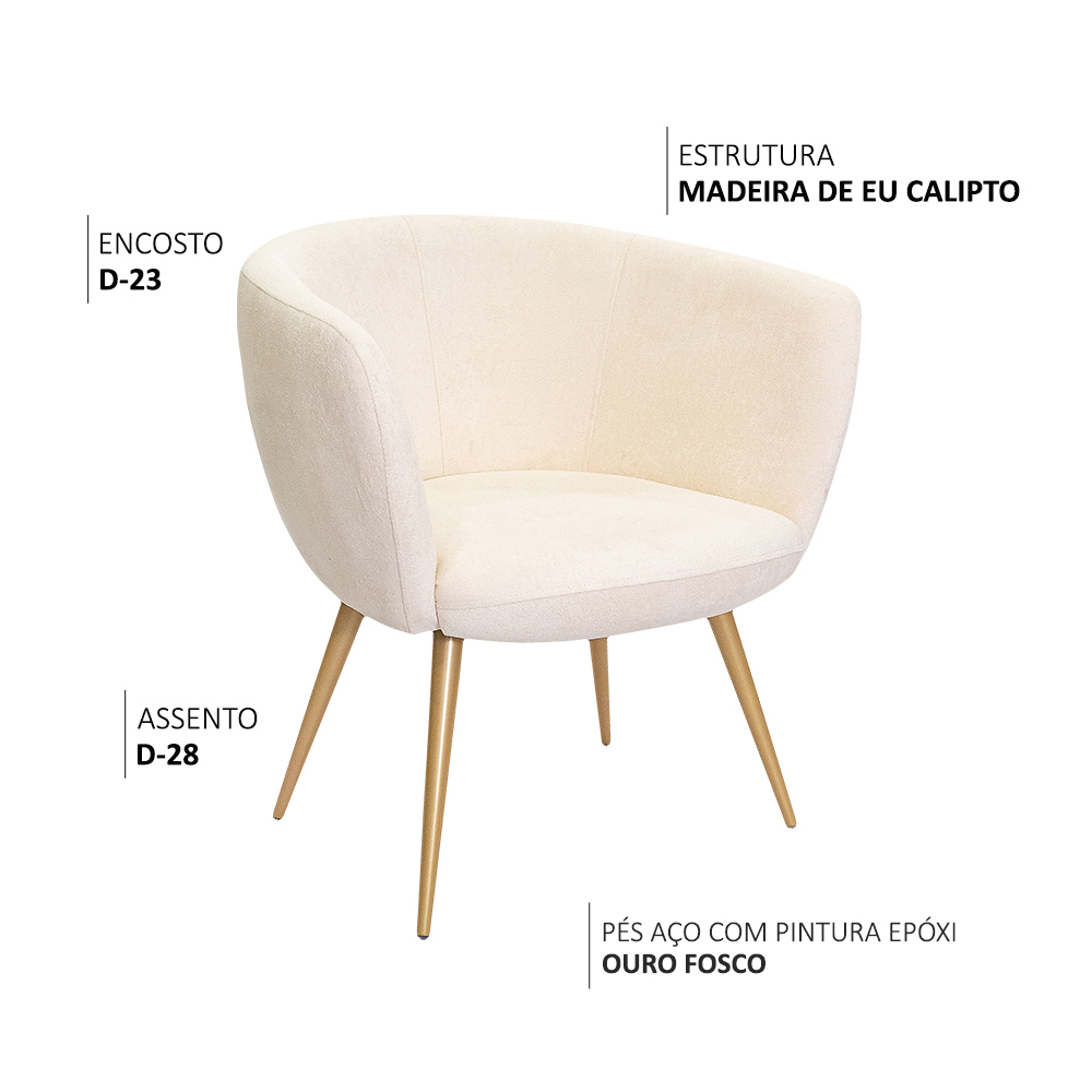 Poltrona Decorativa Isis Pés Palito Ouro Fosco Bouclé Off White - Nexta Casa