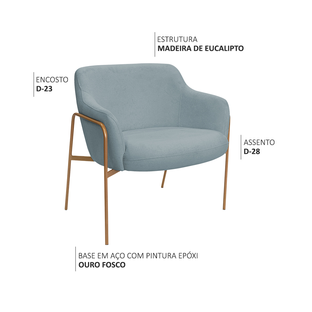 Poltrona Decorativa Jade Base Aço Ouro Fosco Bouclé Azul Claro - Nexta Casa