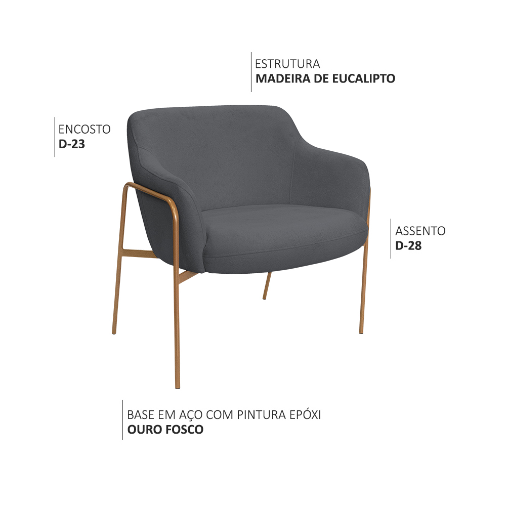 Poltrona Decorativa Jade Base Aço Ouro Fosco Bouclé Grafite - Nexta Casa