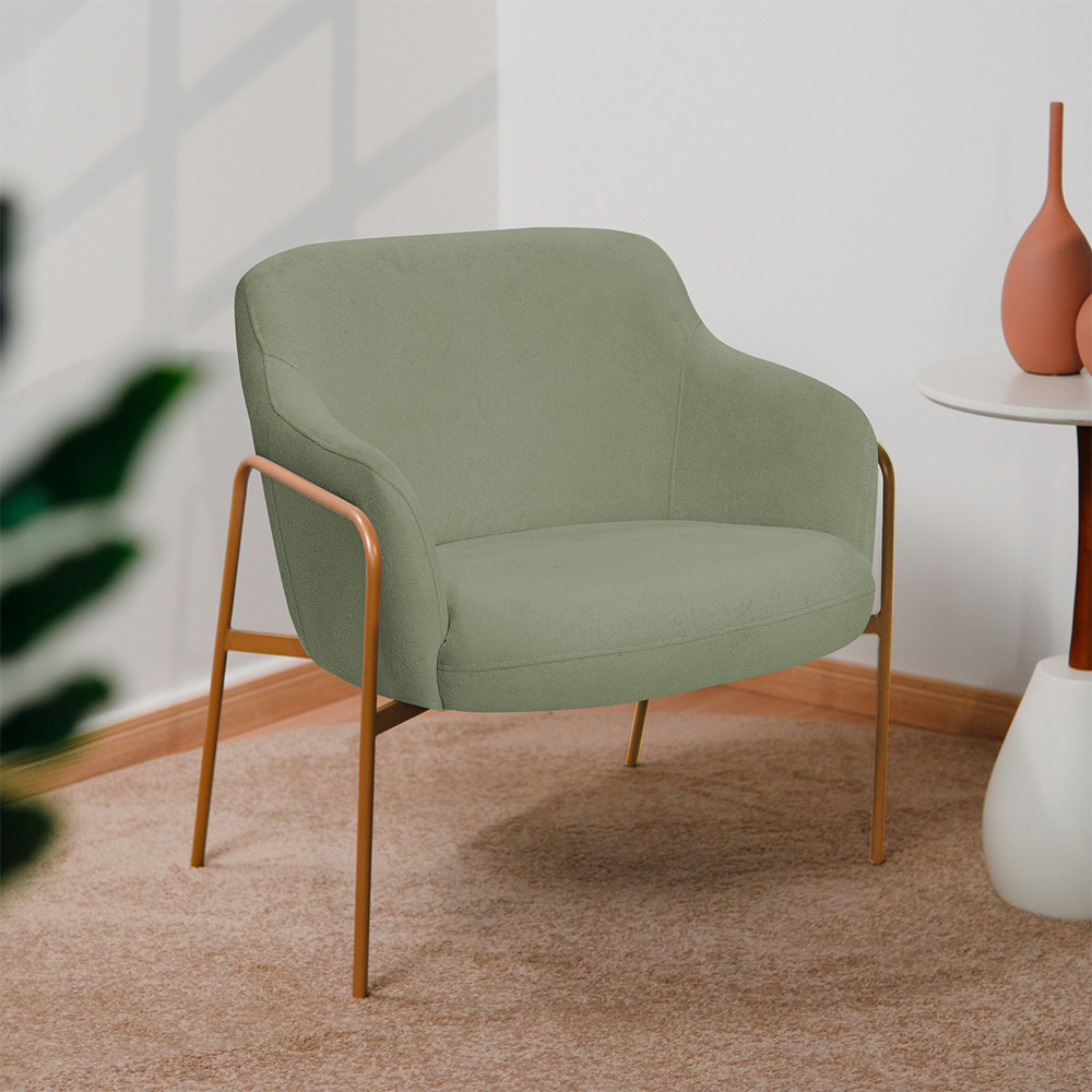 Poltrona Decorativa Jade Base Aço Ouro Fosco Bouclé Verde Claro - Nexta Casa